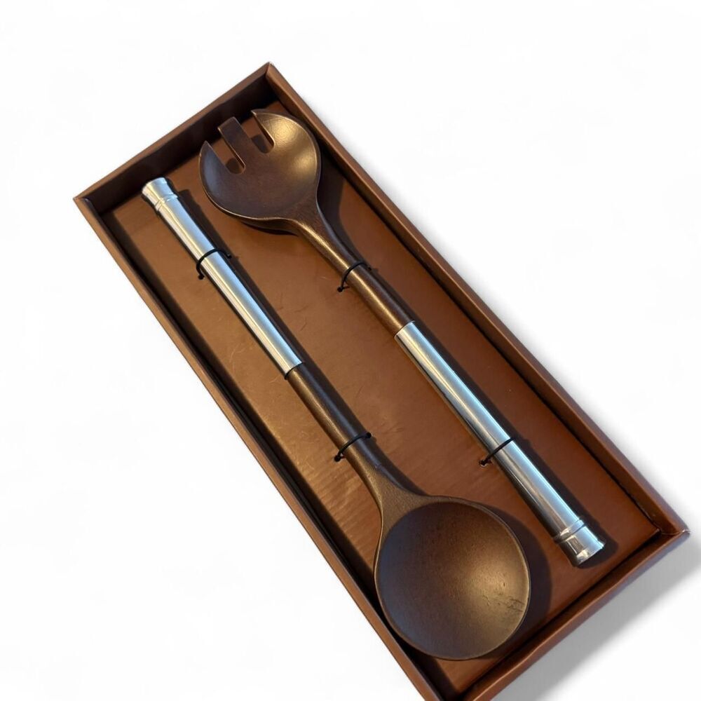Vtg Atticus MCM Salad Server 2pc Wood Stainless Steel Mid Century Modern Gift